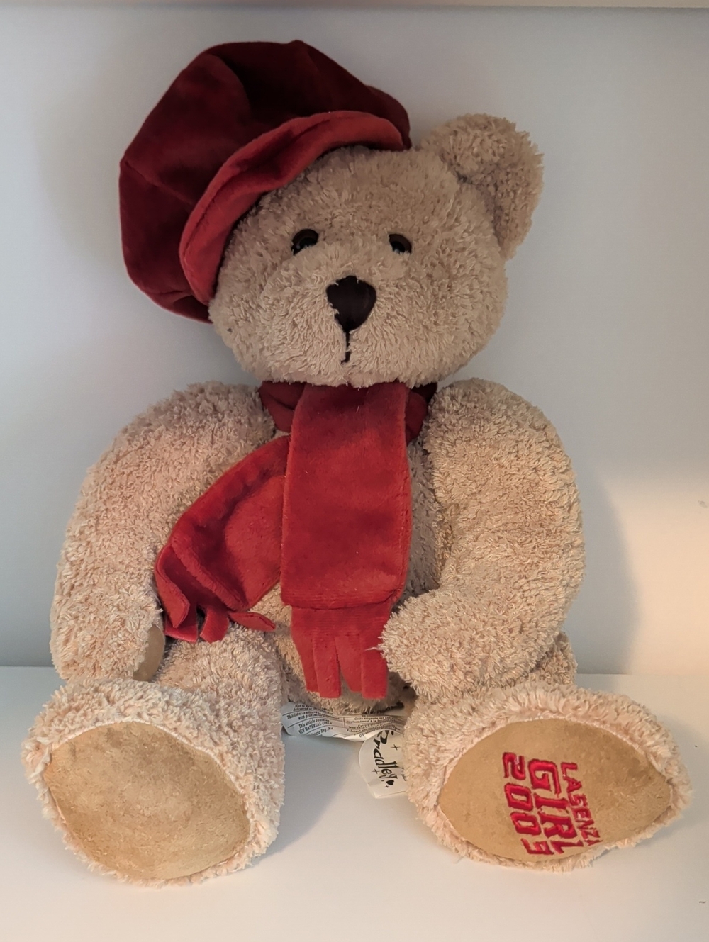 Vintage La SENZA 2003 Beige Teddy Bear with Red Velvet Hat & Scarf